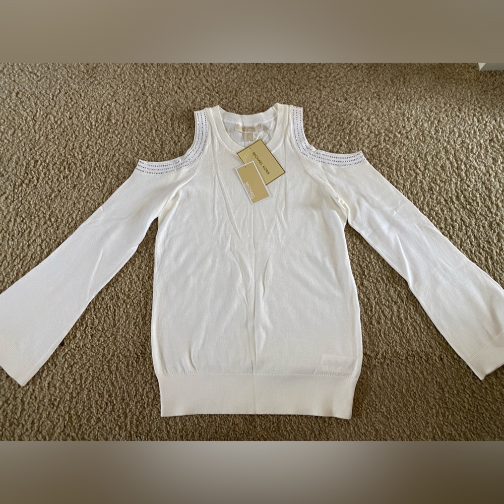 NWT Michael Kors Womens white cold shoulder rhinestone studded top size XS